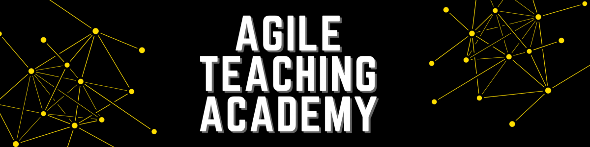 Agile Teaching Academy displayed in white on a black ground with yellow abstract constellation patterns to the right and left