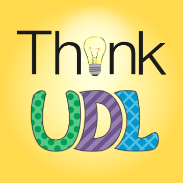 Think UDL logo with the word "Think" in black print with the letter "i" replaced by an illuminated light bulb above the three bubble letters of a capital U, D, and L. The letter U is colored light green with dark green polka dots. The letter D is colored light purple with darker purple stripes. The letter L is blue with a darker blue diamond pattern within. The words "Think UDL" sit on a bright yellow square background.