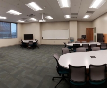 photo showing the inside of an active learning classroom in Leon Levine Hall