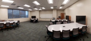 photo showing the inside of an active learning classroom in Leon Levine Hall